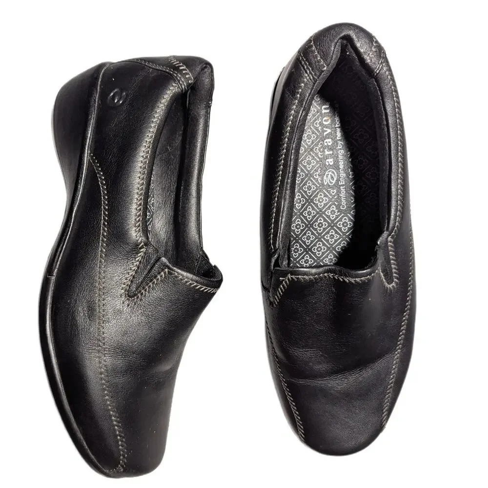 Aravon Black Leather Slip-On Seam Detail Comfort Wedge Walking Loafers Sz 6.5 D